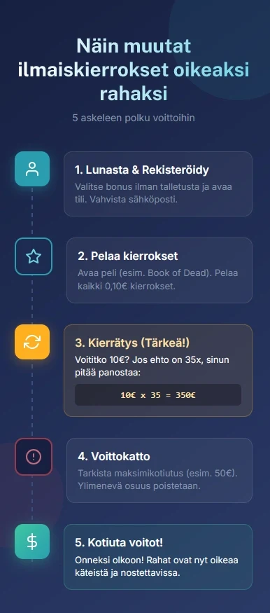 Infografiikka: Miten ilmaiskierrokset muutetaan oikeaksi rahaksi - vaiheet lunastuksesta, kierrätyksestä ja voittokatosta kotiutukseen